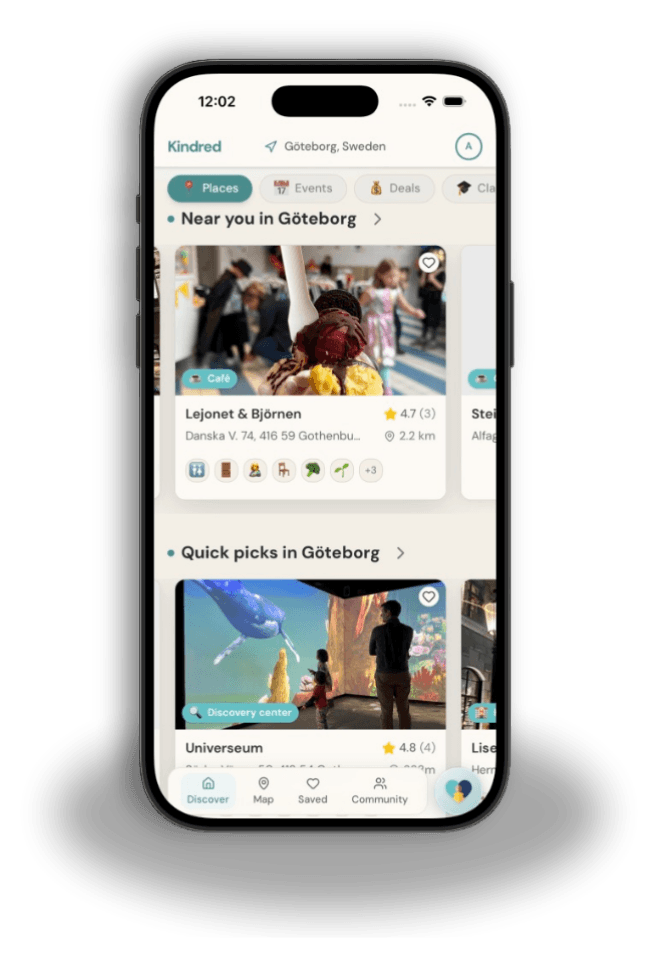 Kindred app shown on a phone — Discover screen with nearby family-friendly places in Göteborg