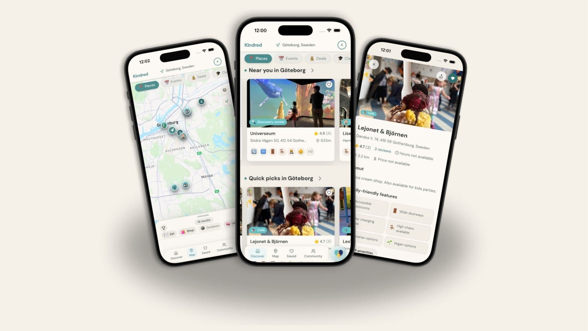 Three Kindred app screenshots — a map of family-friendly places in Göteborg, a discover feed with nearby places and quick picks, and a place detail page for Lejonet & Björnen